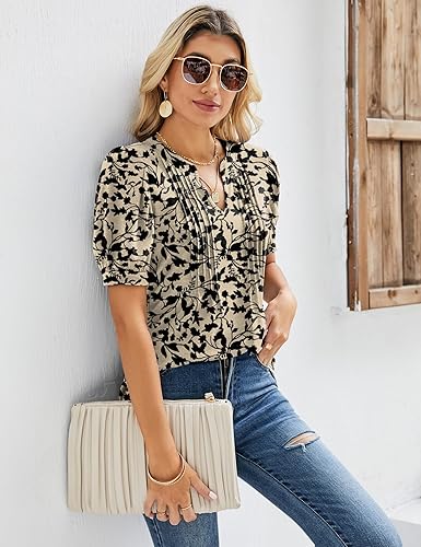 Blouse Women's Short Sleeve T-Shirts V-Neck Flowers Pleated Tunic Summer