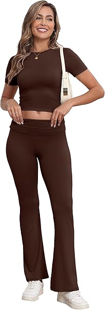 Lounge Set Women's Two-Piece Leisure Suit Short Sleeve Top with Wide Elastic Waistband Flared Trousers Loungewear Set