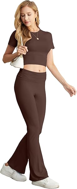 Lounge Set Women's Two-Piece Leisure Suit Short Sleeve Top with Wide Elastic Waistband Flared Trousers Loungewear Set