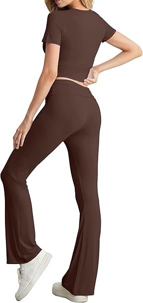 Lounge Set Women's Two-Piece Leisure Suit Short Sleeve Top with Wide Elastic Waistband Flared Trousers Loungewear Set