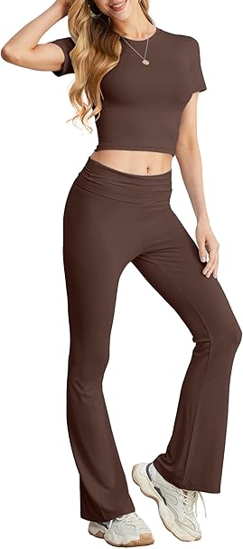 Lounge Set Women's Two-Piece Leisure Suit Short Sleeve Top with Wide Elastic Waistband Flared Trousers Loungewear Set