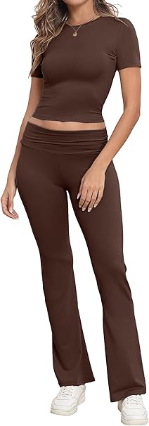 Lounge Set Women's Two-Piece Leisure Suit Short Sleeve Top with Wide Elastic Waistband Flared Trousers Loungewear Set