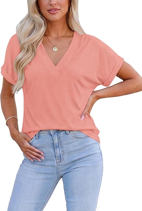 T-Shirt Women's Tops Short Sleeve V-Neck Shirts