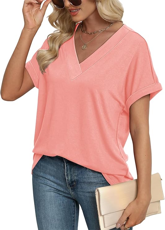 T-Shirt Women's Tops Short Sleeve V-Neck Shirts