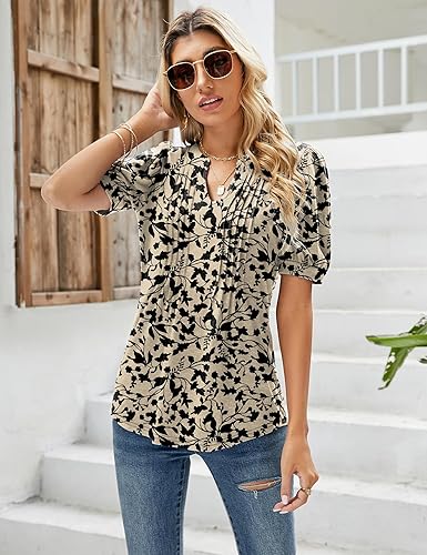 Blouse Women's Short Sleeve T-Shirts V-Neck Flowers Pleated Tunic Summer