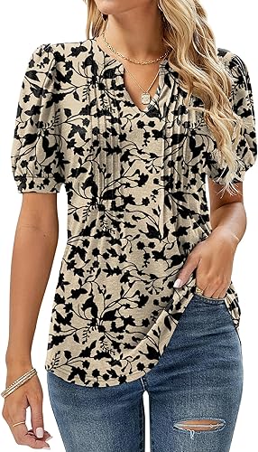Blouse Women's Short Sleeve T-Shirts V-Neck Flowers Pleated Tunic Summer