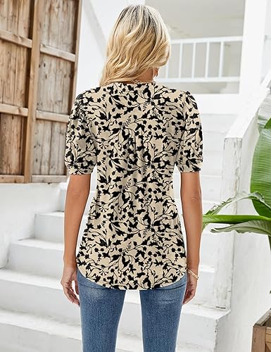 Blouse Women's Short Sleeve T-Shirts V-Neck Flowers Pleated Tunic Summer